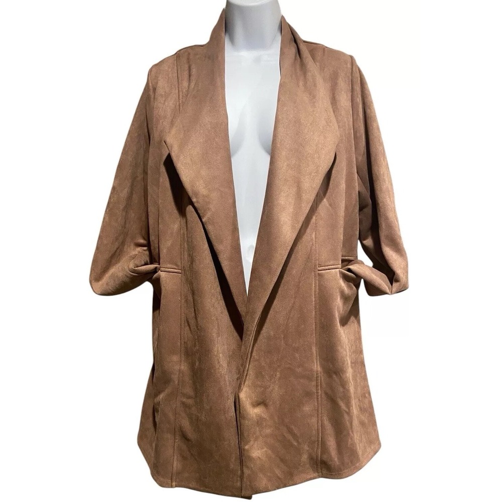 Haute Monde Jacket Open Front Size L Long Sleeve Pockets Brown Cardigan Blazer